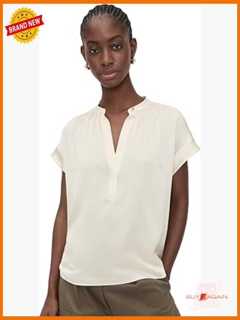 Silk Blouse with Gathered Neck and Cap Sleeves, Relaxed Fit